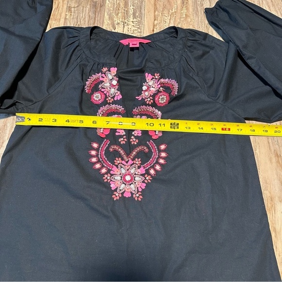 Lilly Pulitzer Iva Embellished Top Black Pink V-Neck Boho Long Sleeve SZ XXS - Picture 8 of 10